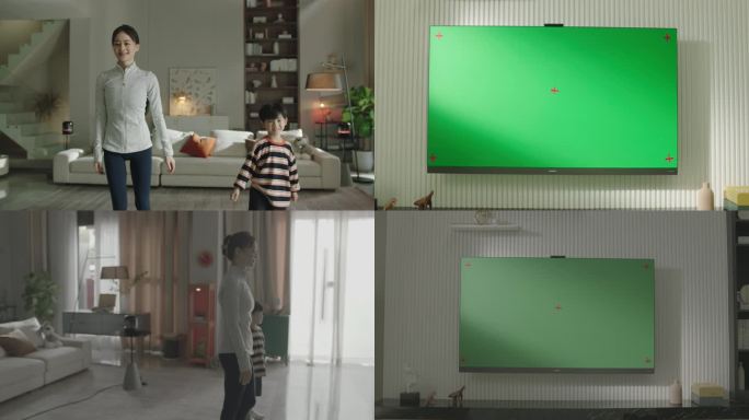 客厅母子玩电视体感游戏电视大屏绿幕