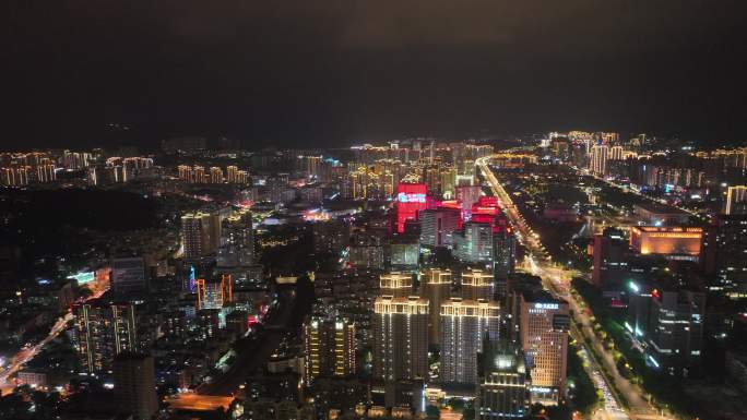 龙岩市夜景新罗区龙岩大道城市大景航拍