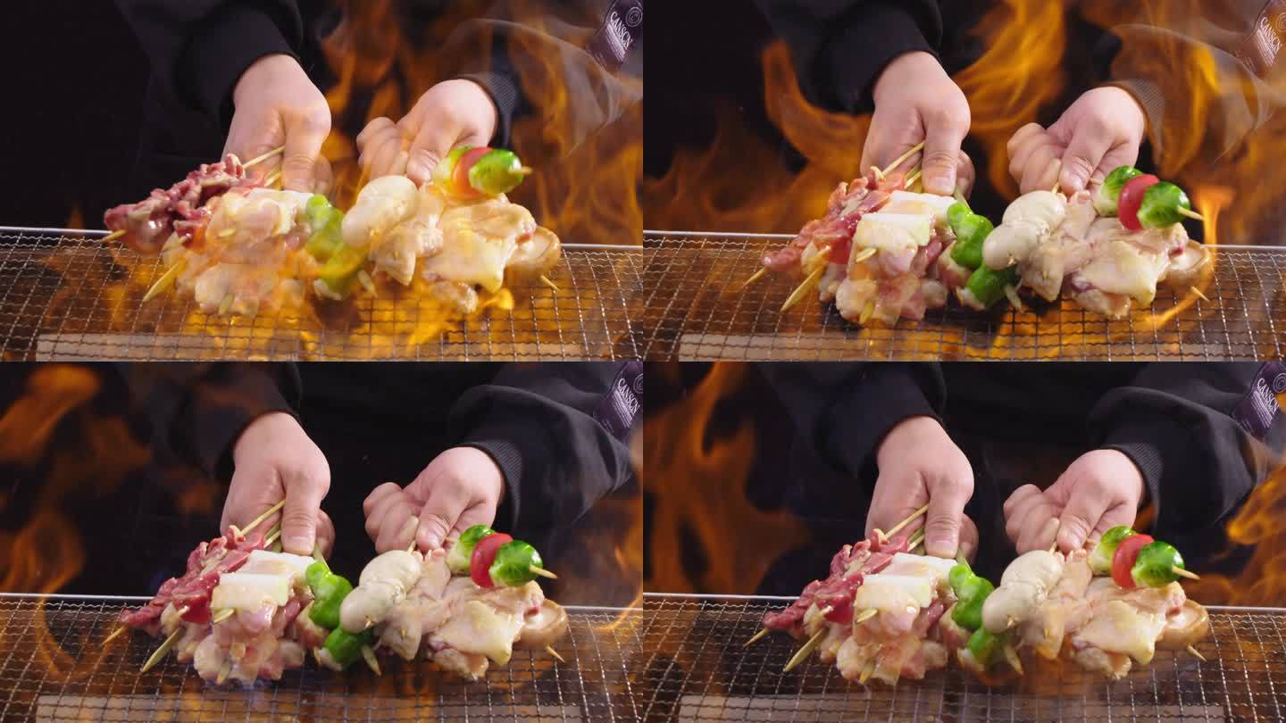 烧鸟放在炭火上烤制 烤串