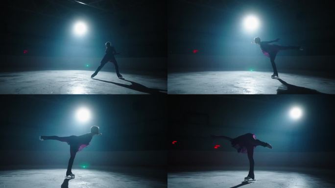 电影镜头在溜冰场与专业女花样滑冰运动员在冰上旋转在黑暗中