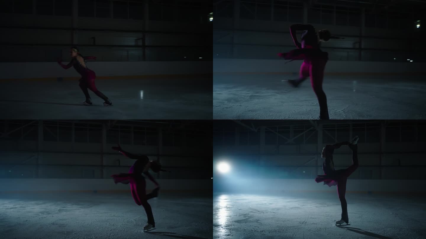 黑暗中溜冰场上优雅的女滑冰者的剪影，女士旋转，慢动作镜头