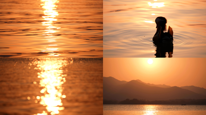 波光粼粼的西湖湖面 黄昏夕阳下的西湖