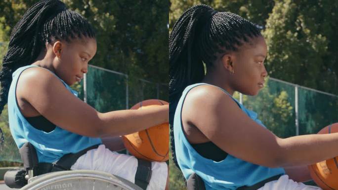 女士，轮椅和健身球在球场，户外或公园进行训练或锻炼。黑人、残疾人和运动用健身、运动服和严肃的面对挑战
