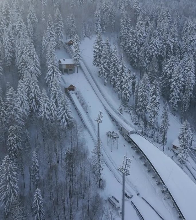 滑雪飞山在山上的冬季森林，空中，波兰