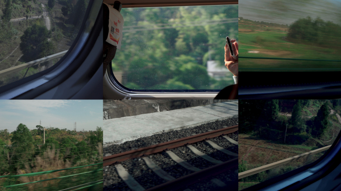 火车窗外风景透过玻璃疾速行驶动车穿过隧道