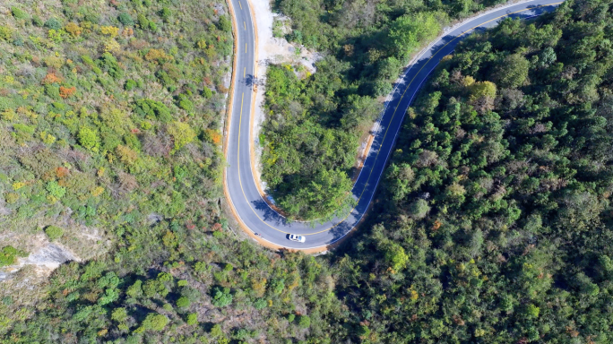 白色汽车行驶在蜿蜒曲折的山路