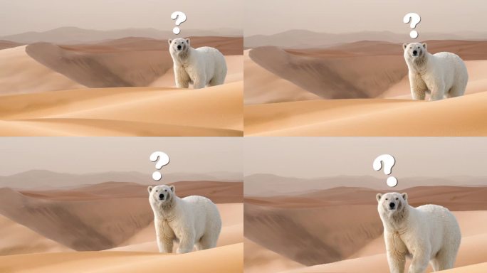 动画运动视差照片，孤独的白北极熊困惑在中间的沙丘沙漠