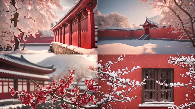 立冬节气冬天冬季下雪红墙梅花古建筑古风