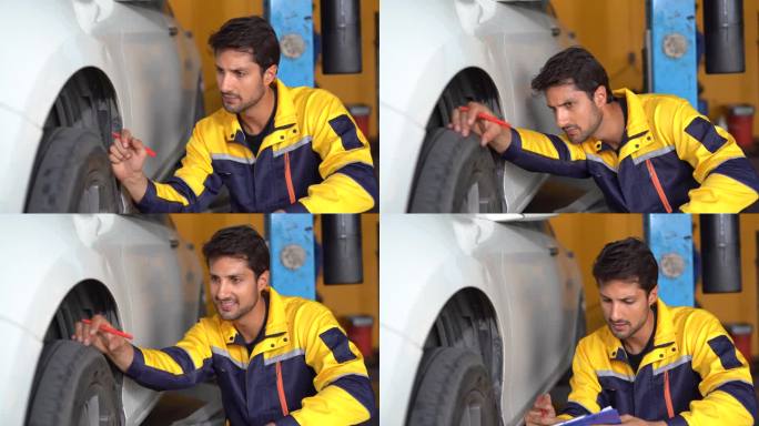 快乐的拉丁汽车修理工检查轮胎，刹车汽车与剪贴板的手势，显示大拇指和看着摄像头在车库汽车服务。西班牙人