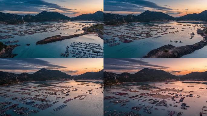 福建福州海边渔村渔船航拍日落黄昏