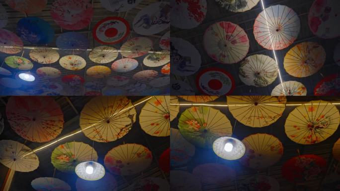 中国风春节古风装饰油纸伞复古灯光吊顶特写