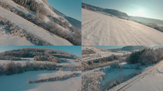 FPV航拍雪山雪景森林日出小屋高山滑雪场