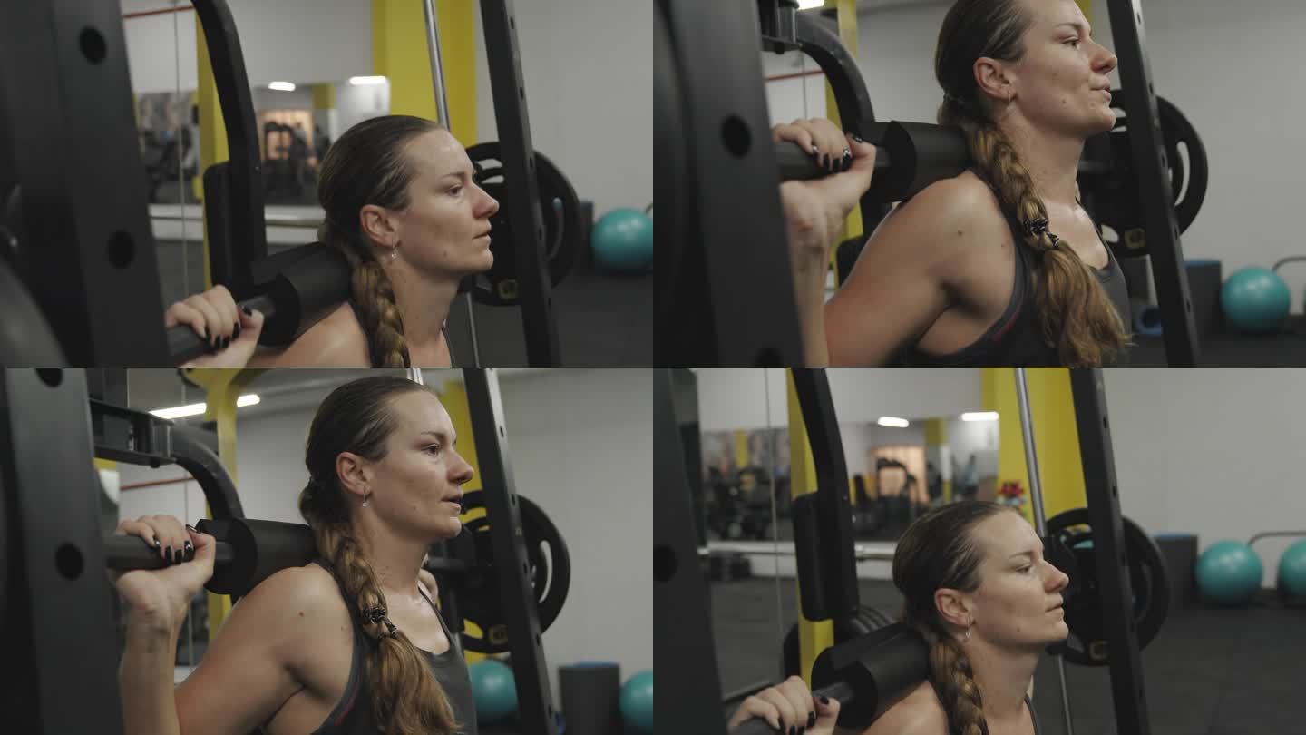 年轻女子在健身房勤奋地锻炼，在史密斯器械上用杠铃做深蹲。她已经满头大汗了。特写镜头。