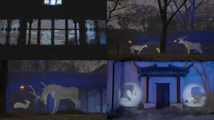江南庭院中的光影秀表演夜景