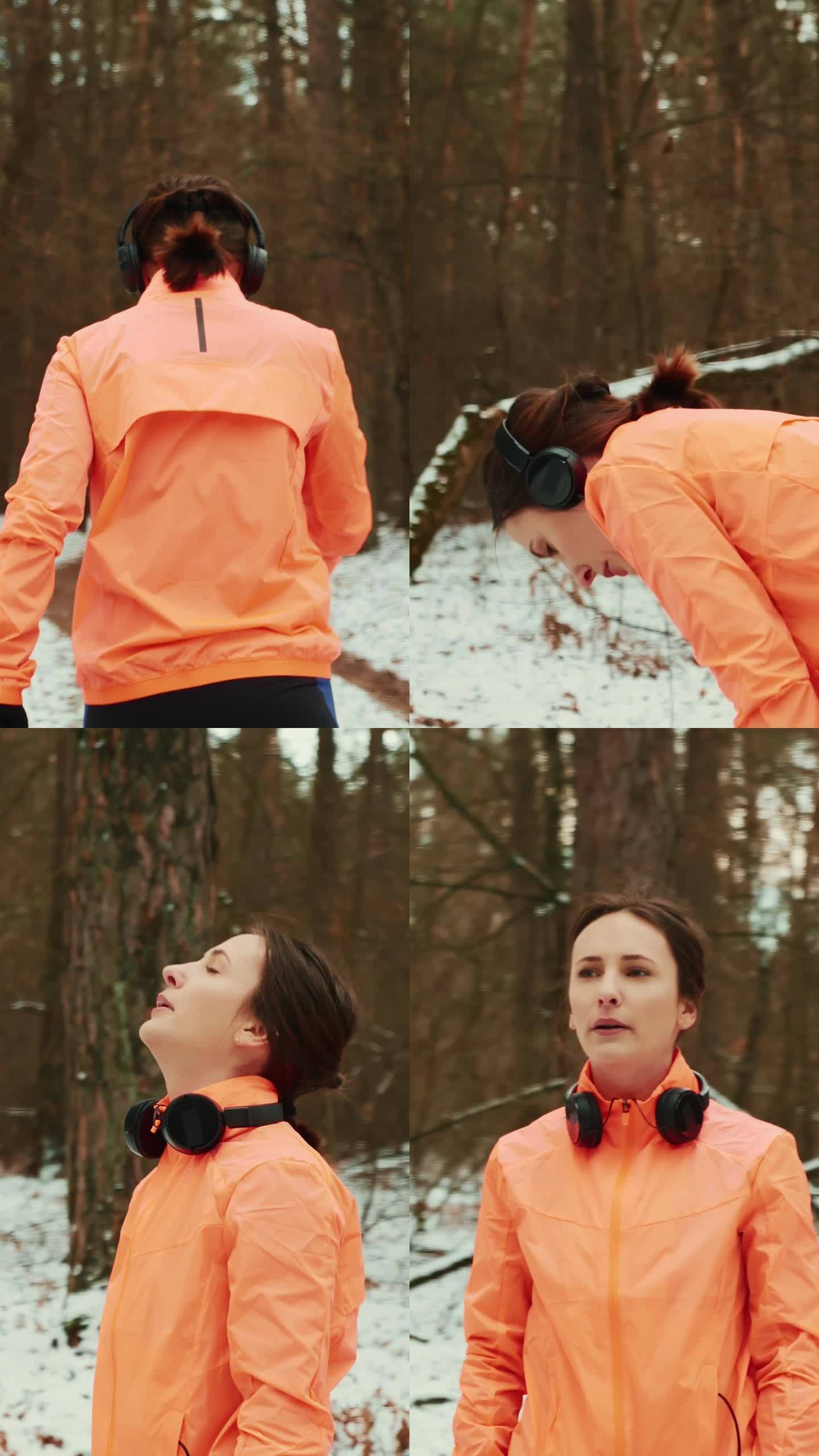 在公园跑步的女人。冬季森林里慢跑的女性。试运营。垂直视频