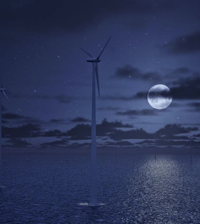 湖上的风力涡轮机在满月- 4K分辨率