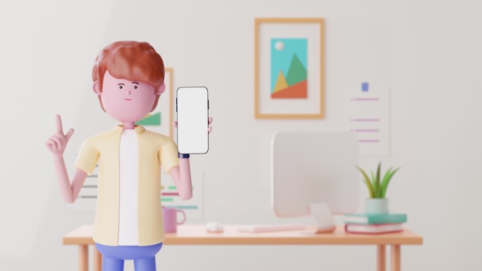 3d动画卡通智能手机自定义文本在白色屏幕与家庭办公背景。