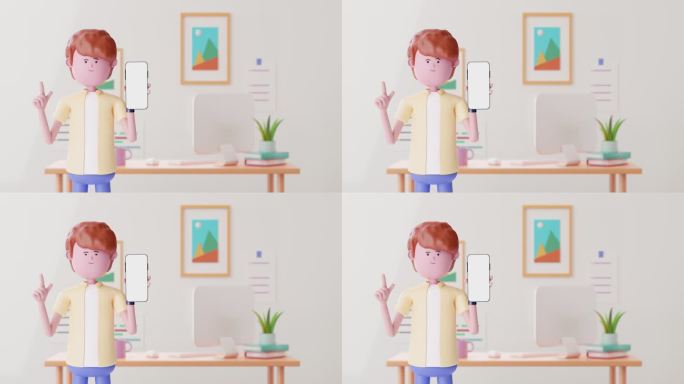 3d动画卡通智能手机自定义文本在白色屏幕与家庭办公背景。