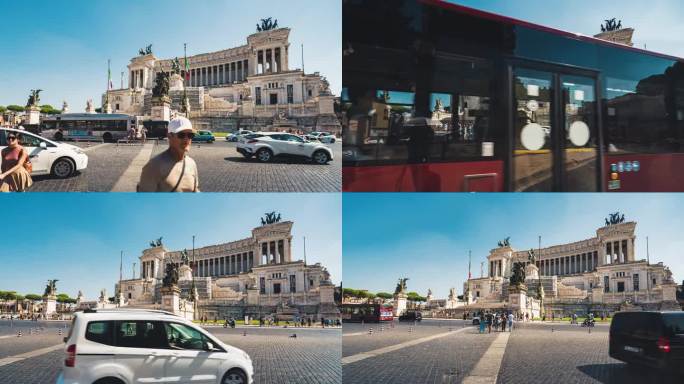 意大利罗马，夏天，拥挤的游客在维克多·伊曼纽尔二世纪念碑走过马路，交通堵塞