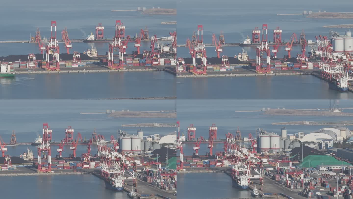 航拍山东威海港口码头塔吊货轮堤岸货场