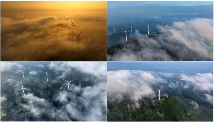 风电云海清晨阳光大山清洁能源生态环境航拍
