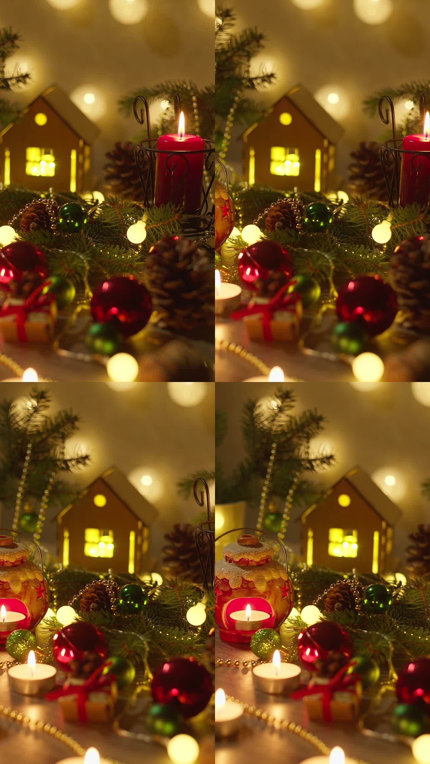 垂直视频。圣诞节的概念。新年的装饰玩具和蜡烛。假期。