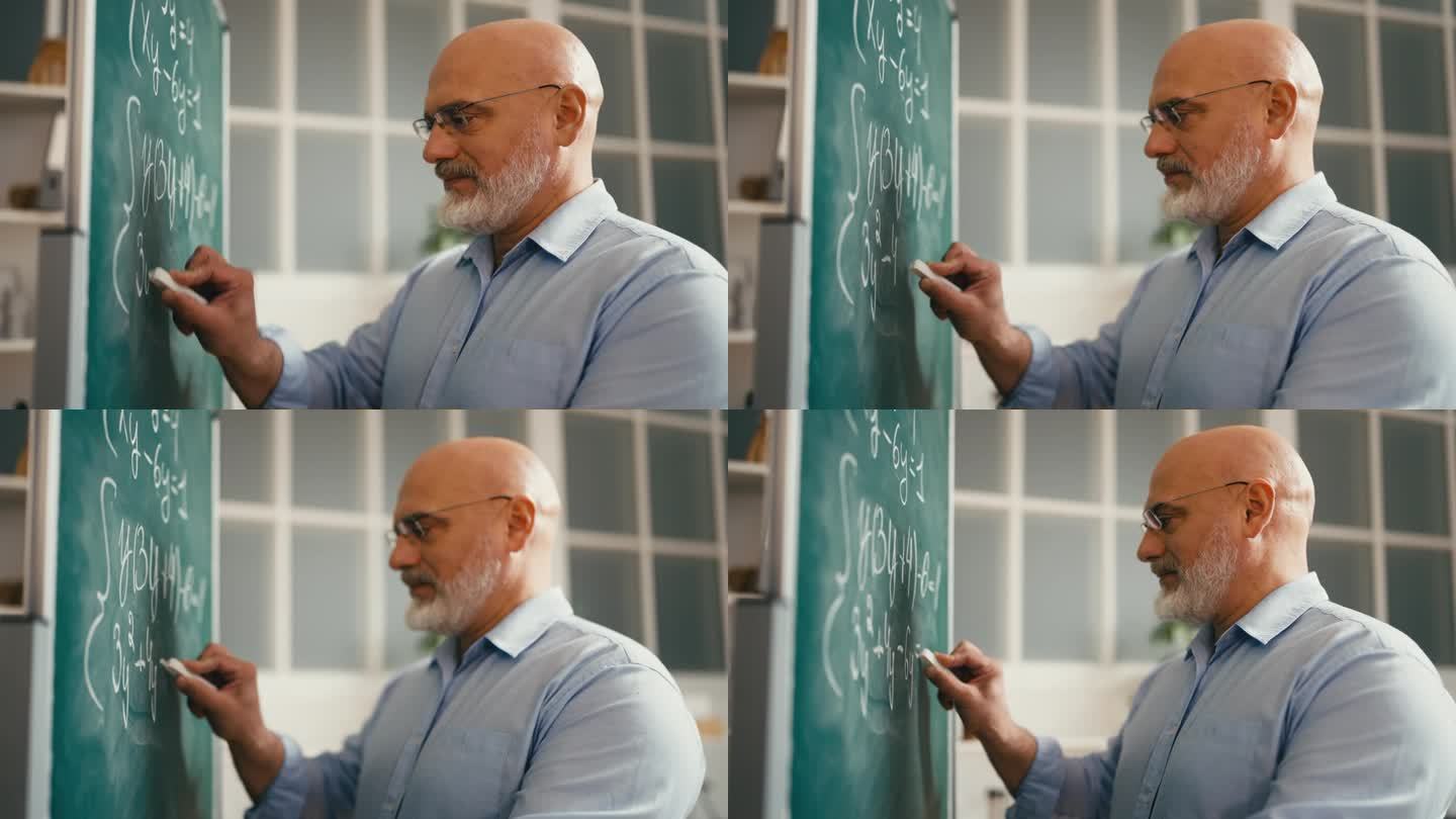 40多岁的男人在计算方程式，学校数学老师在黑板上写字