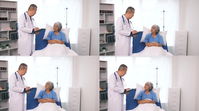 医生向躺在病床上的病人讲述现代临床背景下的医疗保健和医疗保险理念的诊疗