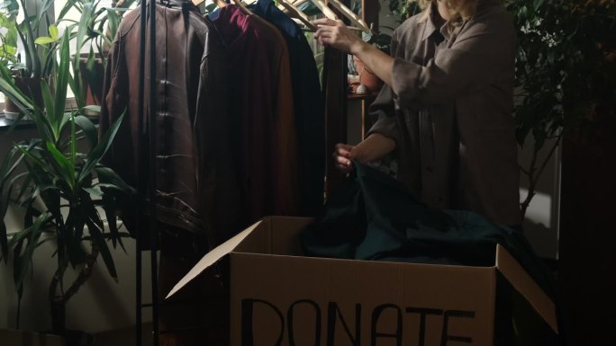 一名年轻女子在家中挑选纺织品捐献。