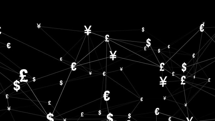 财经新闻以美元、欧元、日元、人民币、英镑等符号为黑色背景，为财经新闻广播和报道创造了具有视觉吸引力的