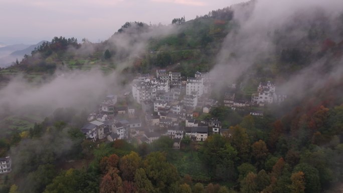 航拍安徽徽州皖南群山云海河流仙境云端村落