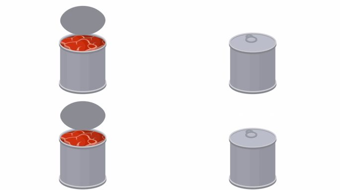 肉罐头。金属罐头与罐头食品的动画。卡通