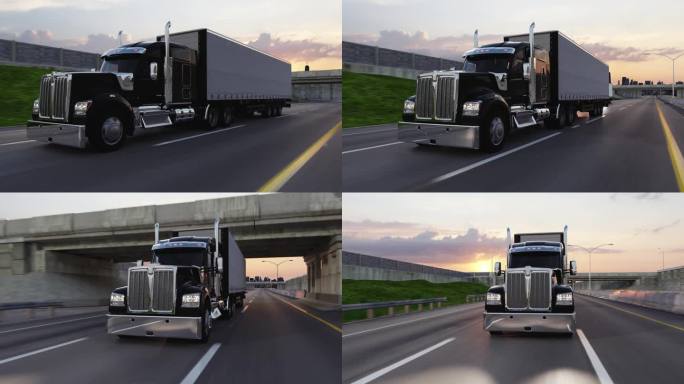 美式卡车在高速公路上拉货。运输的主题。4k 3D插图
