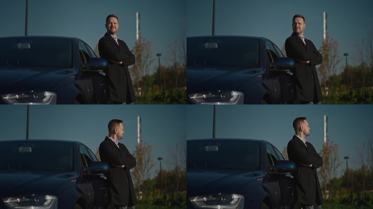 一个看起来很优雅的男人的肖像，旁边是他的高档轿车。一位成功的企业家或经理正站在一辆汽车旁边。