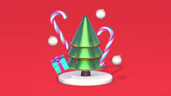 抽象金属绿色的圣诞树，两根粉白色的棒棒糖，蓝色的礼盒，粉色的缎带，三个白色的圣诞球。