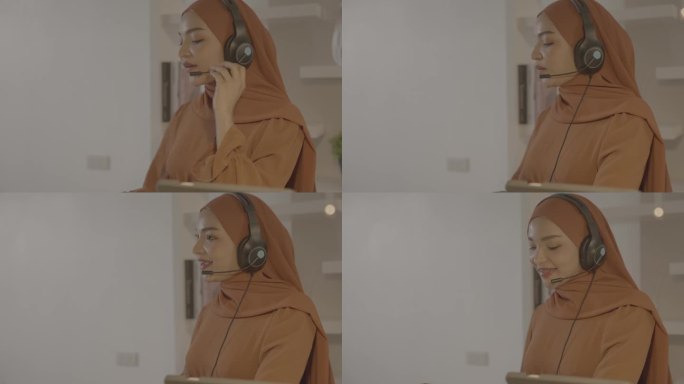 穆斯林女商人在家办公。女人用笔记本电脑，人们宗教伊斯兰生活方式的概念。