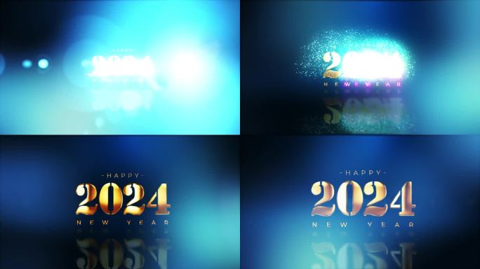 新年快乐金色文字与光运动故障网络朋克效果动画电影标题抽象背景。