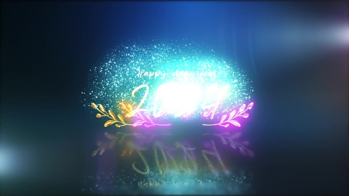 新年快乐金色文字与光运动故障网络朋克与耀光和烟花电影标题效果动画抽象背景。我