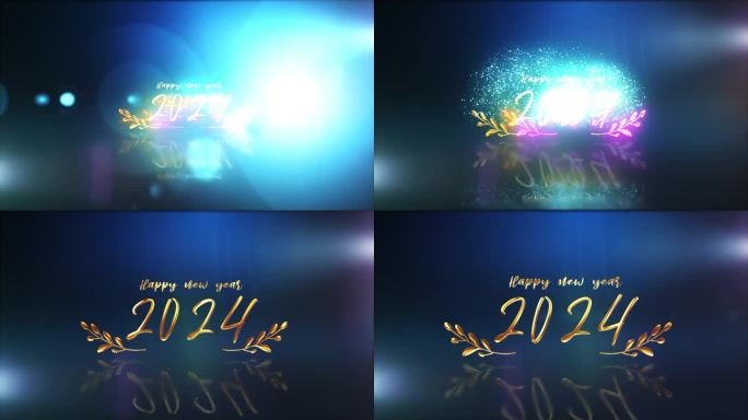 新年快乐金色文字与光运动故障网络朋克与耀光和烟花电影标题效果动画抽象背景。我