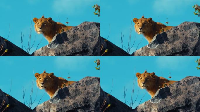 在塞伦盖蒂国家公园晴朗的蓝天下，雄伟的狮子在岩石上