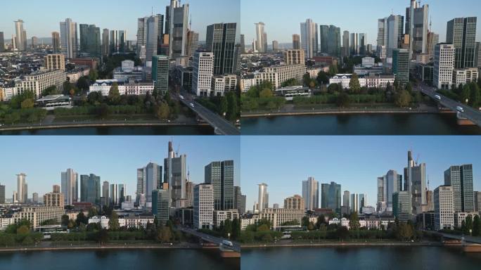 鸟瞰图法兰克福在清晨的主要天际线的实时镜头，尽管主要塔楼和现代金融大楼和摩天大楼，德国，
