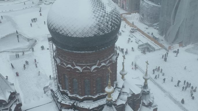索菲亚教堂雪景航拍4K