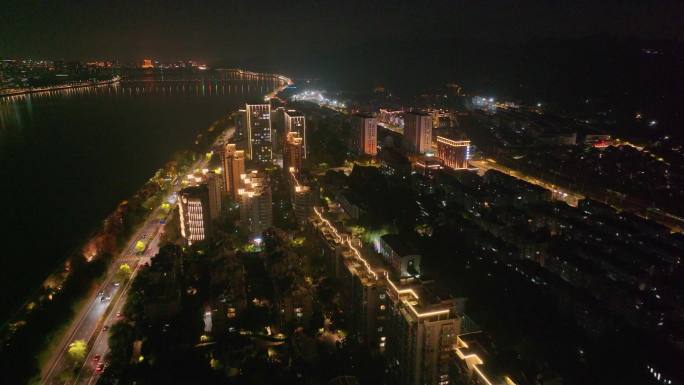 浙江杭州钱塘江上城区夜晚夜景航拍车流交通