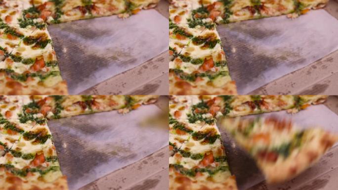 红鳟鱼配绿酱披萨，美味的披萨