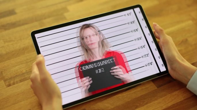 目击证人或受害者看着平板电脑上犯罪嫌疑人的照片
