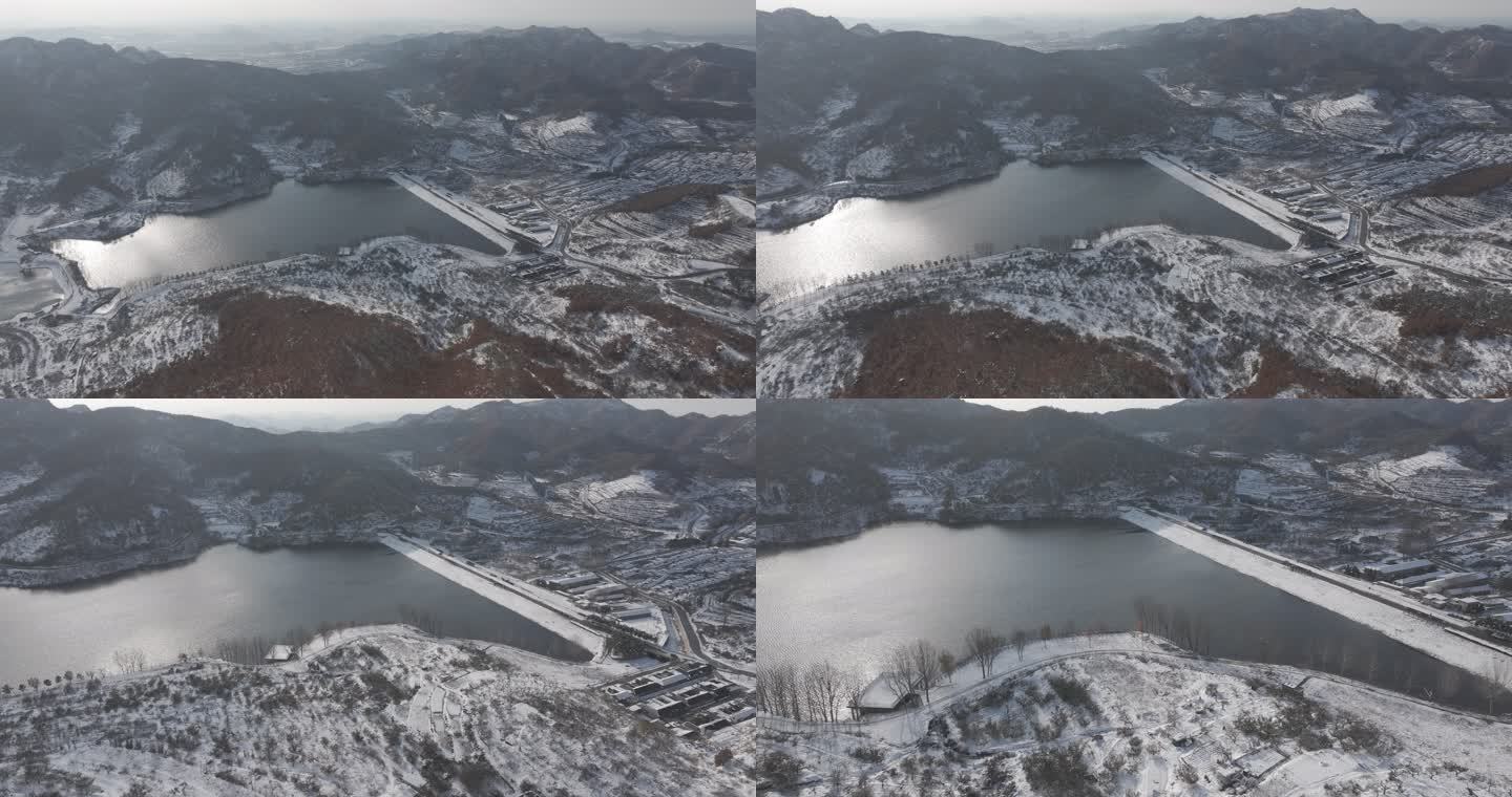 航拍俯瞰冬季雪后初晴威海里口山水库