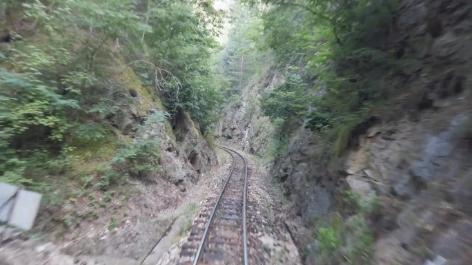 火车在隧道出口处行驶时，山间的复古铁轨