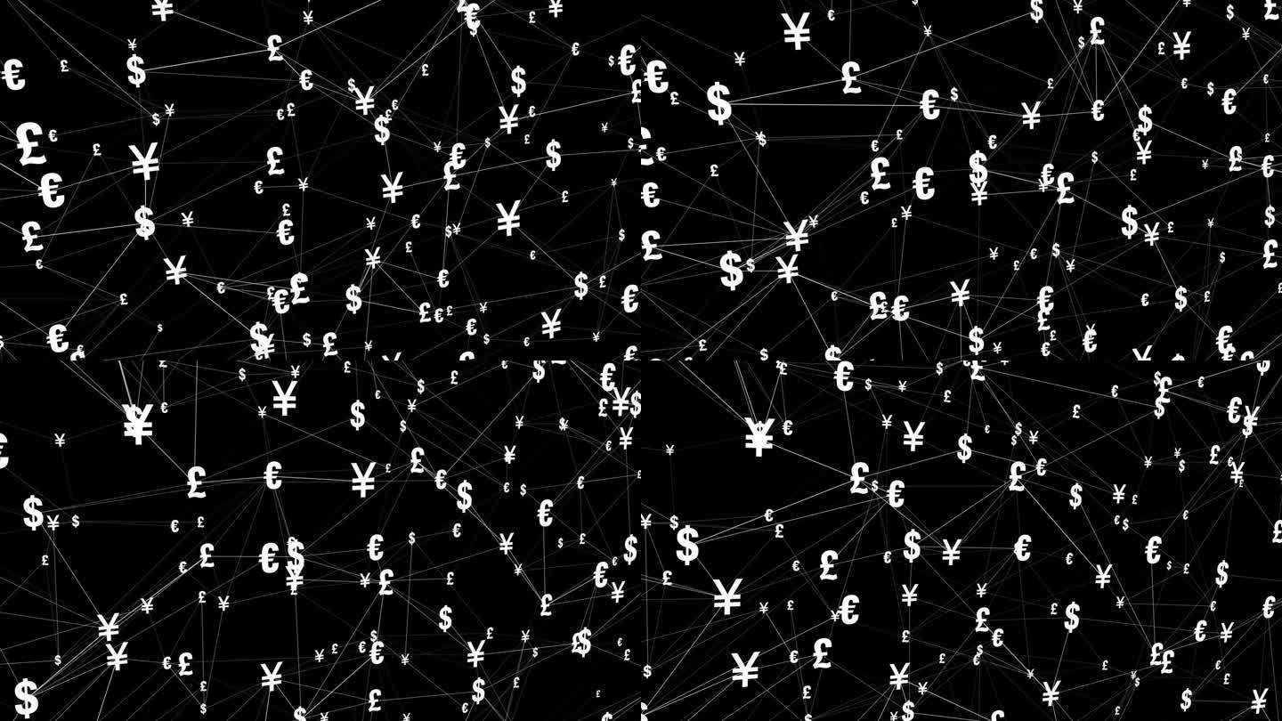 货币连接迷人的马赛克美元，欧元，日元，人民币，英镑符号在黑色背景，互联世界的金融和商业