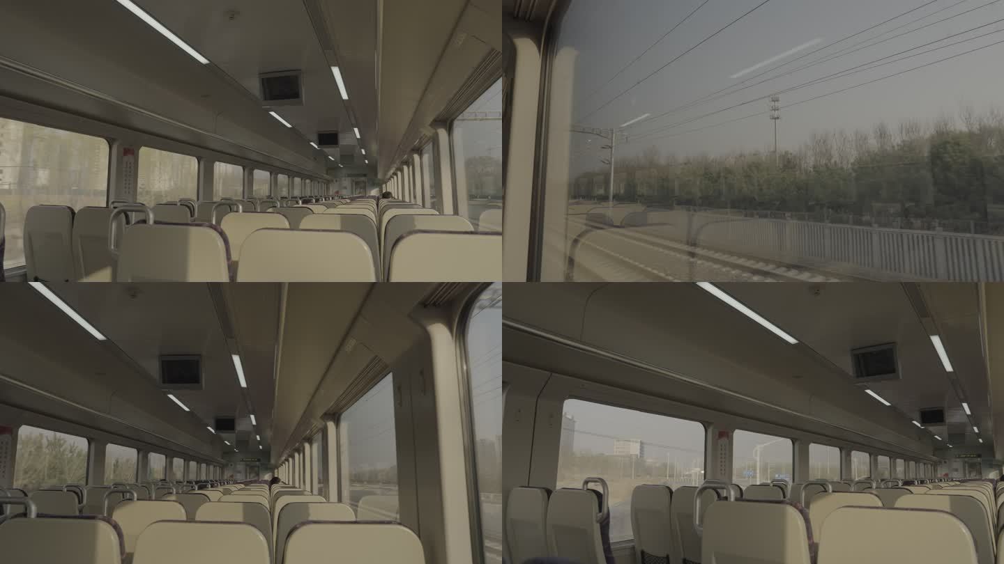 北京市郊铁路上空荡荡的座位和窗外景象