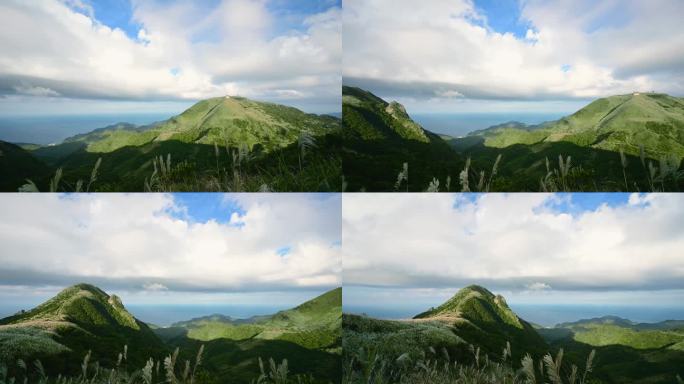 从基隆山上看五分山气象雷达站和大海。